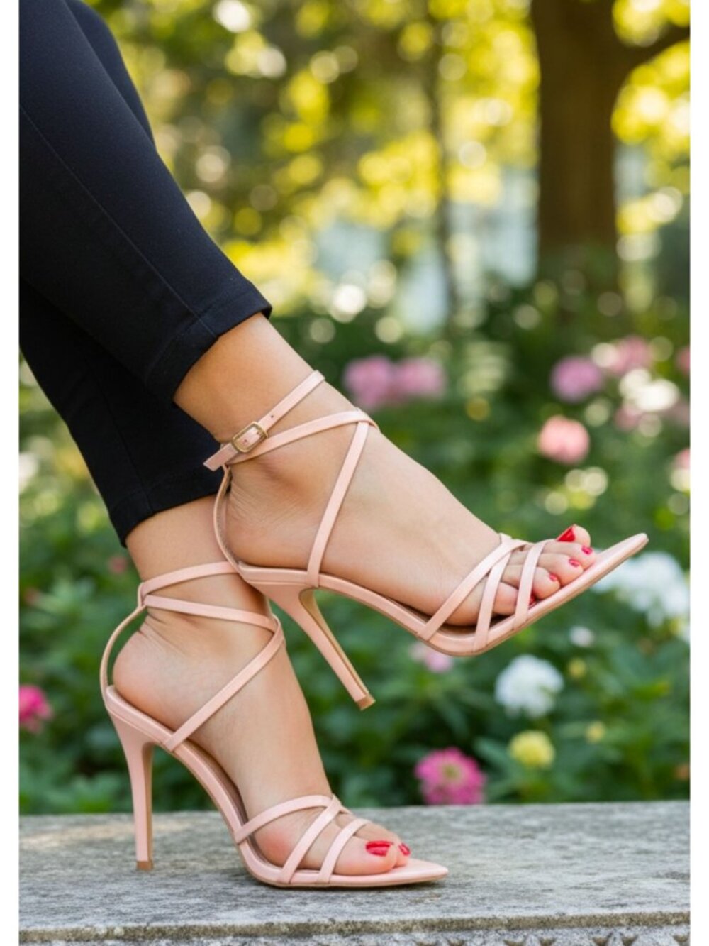 Strappy Nude High Heel Sandals With Ankle Strap & Slim Stiletto Heel Elegant Des